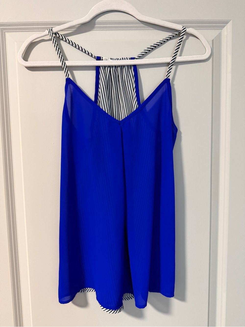 Cobalt Blue Strappy Swing Tank Top with Black and White Striped Back